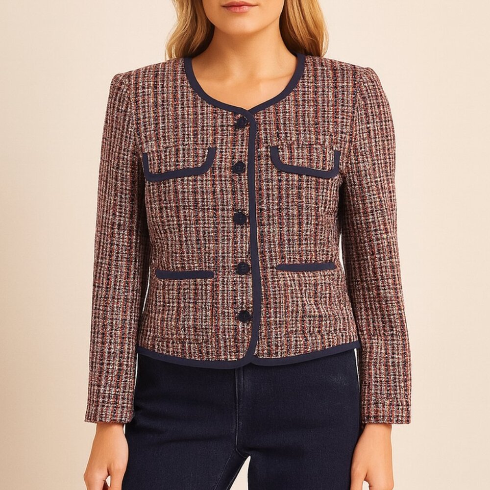 Soaked in Luxury Navy & Tan Tweed Blazer Bouclé Cropped Shoulder Pad Jacket Sz 6